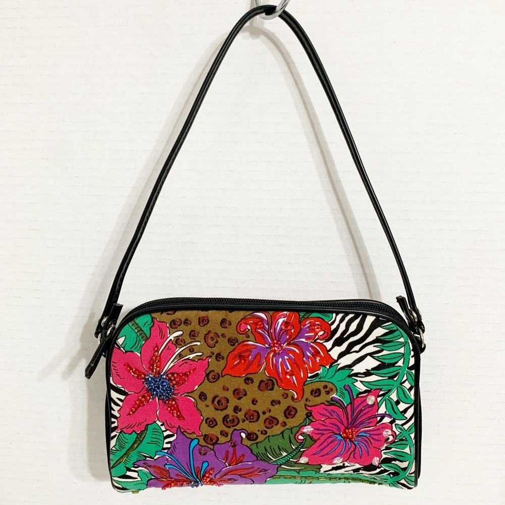 Hawaiian Floral Cosmetic Purse Handbag Zipper Straps Sequins and Beads RN #79124